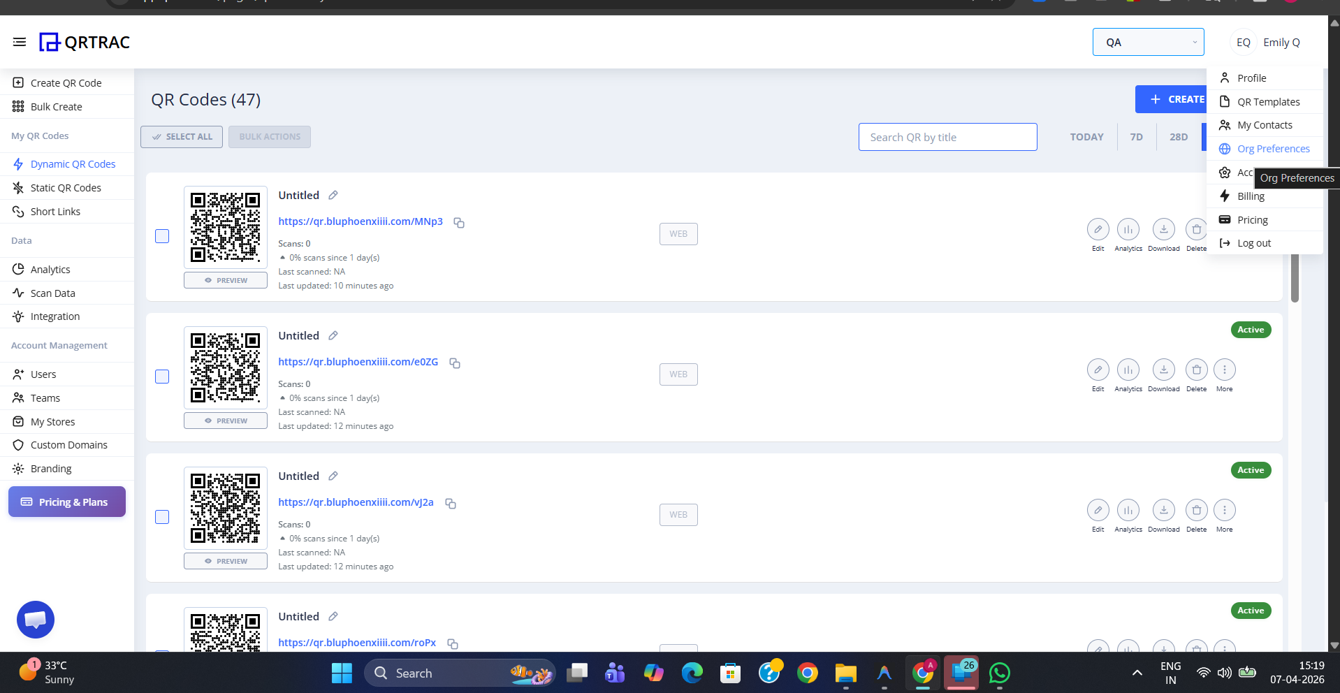 QRTRAC dashboard account dropdown with Org Preferences highlighted