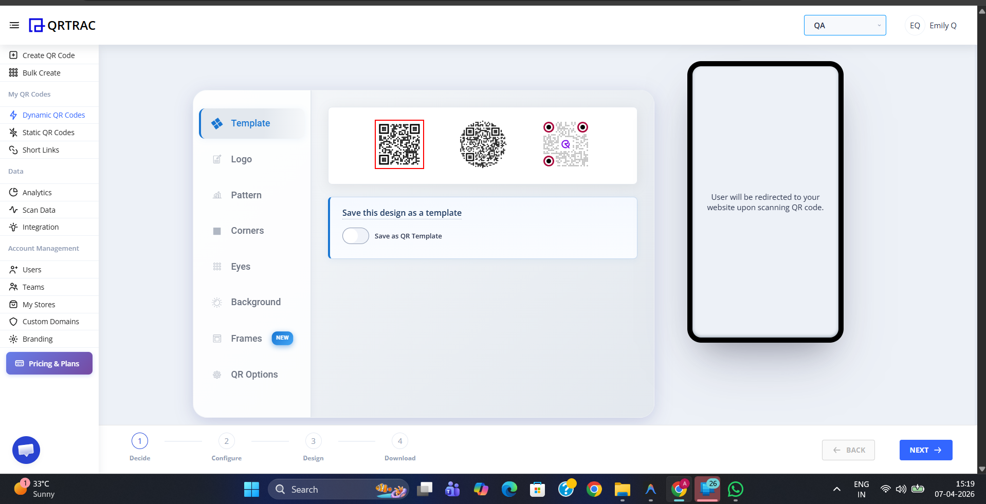 QR code editor Template tab showing multiple built-in design options before Global Template is enabled