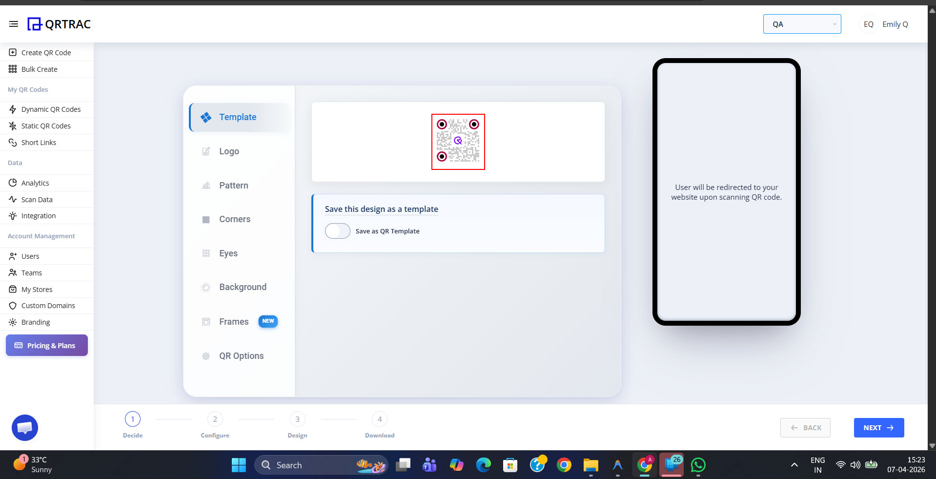 QR code editor Template tab showing only the organisation's saved template after Global Template is enabled