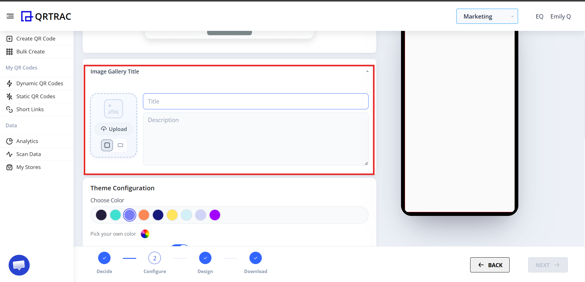 Gallery title and description input fields