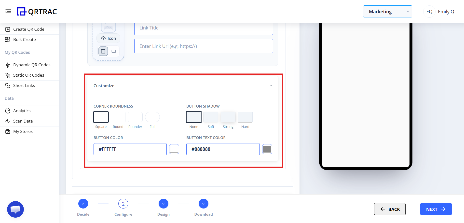 Button customization options showing roundness, shadow, and color settings