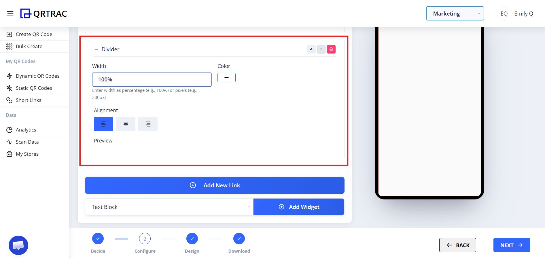 Divider widget configuration window showing width, color, and alignment options