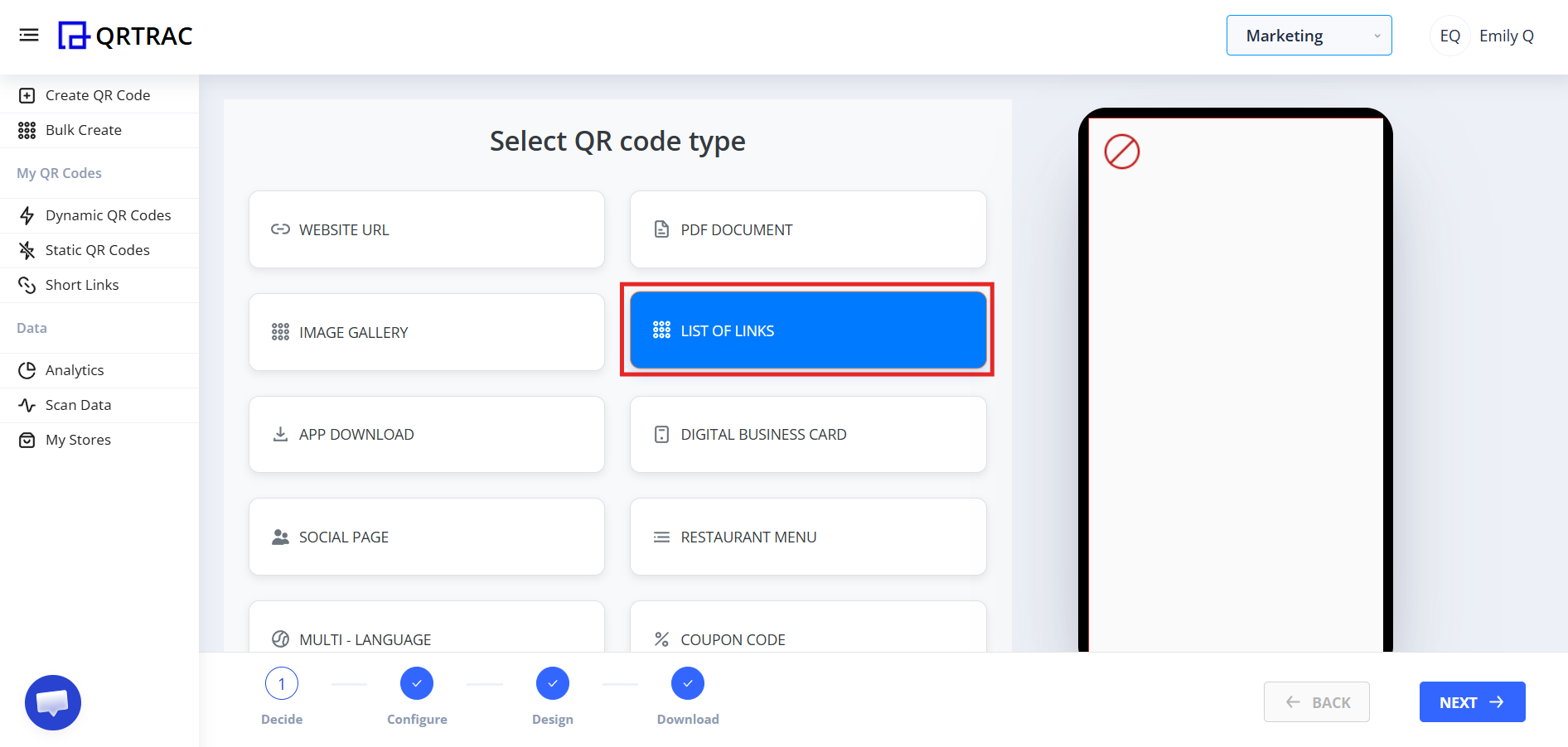 QR code type selection screen with List of Links highlighted