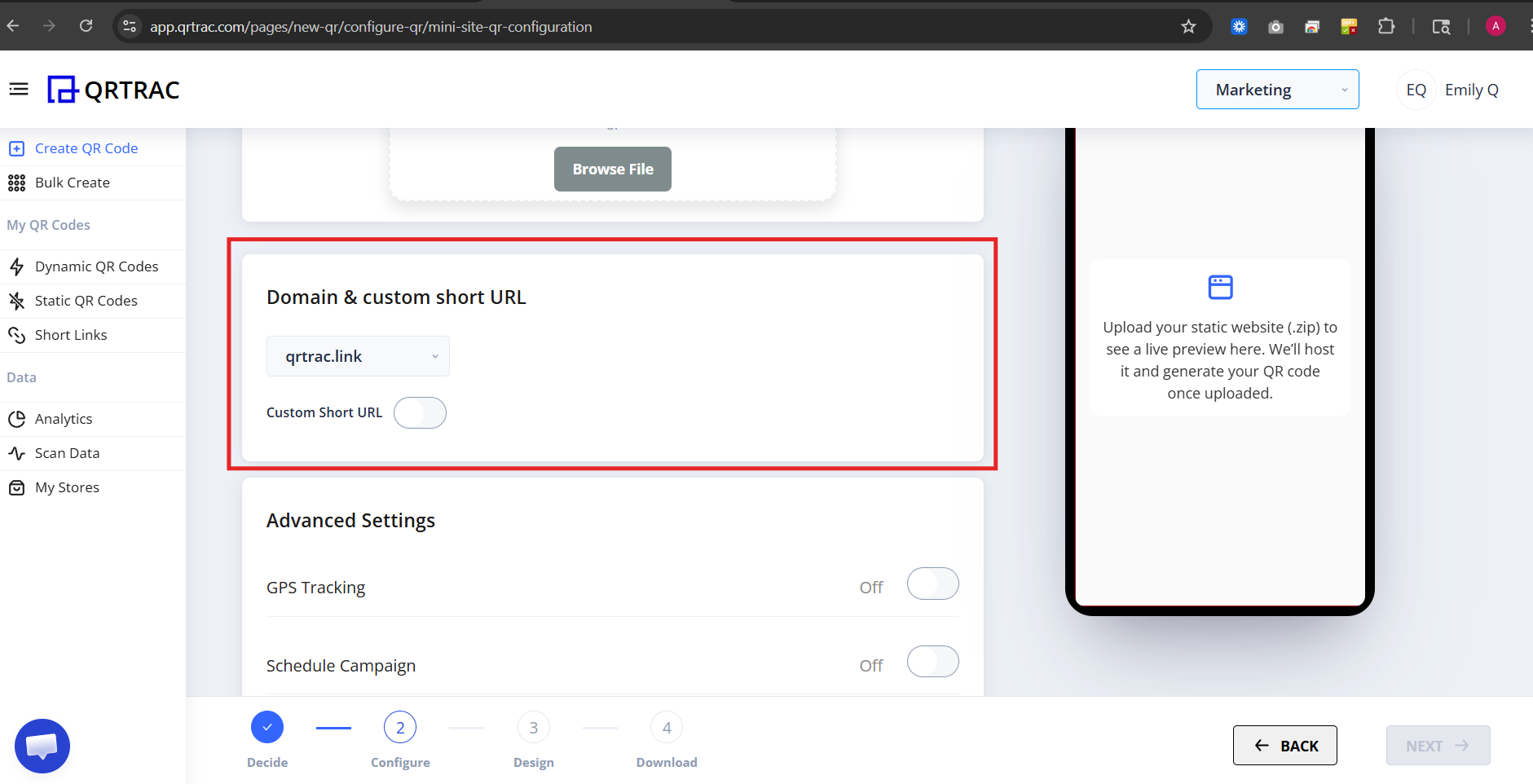 Domain and short URL settings