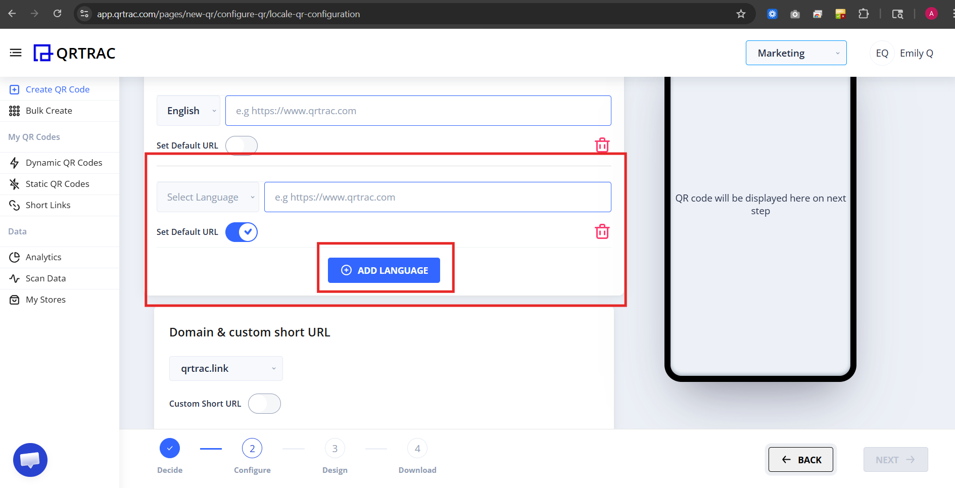 Add language button and dropdown selector