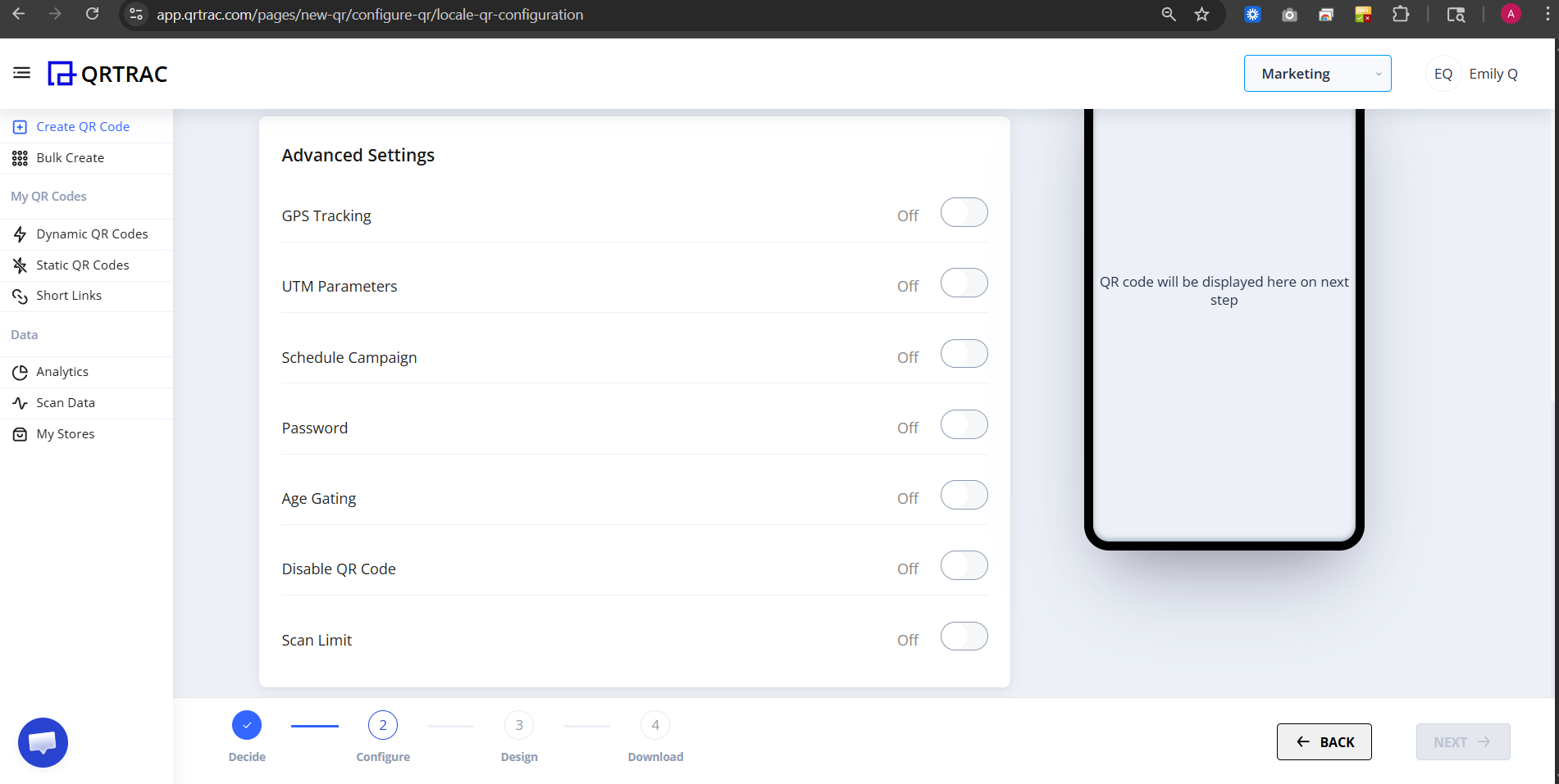 Advanced settings section with GPS, scheduling and access controls