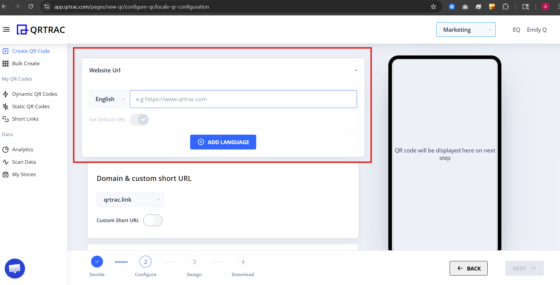 Default language URL input field