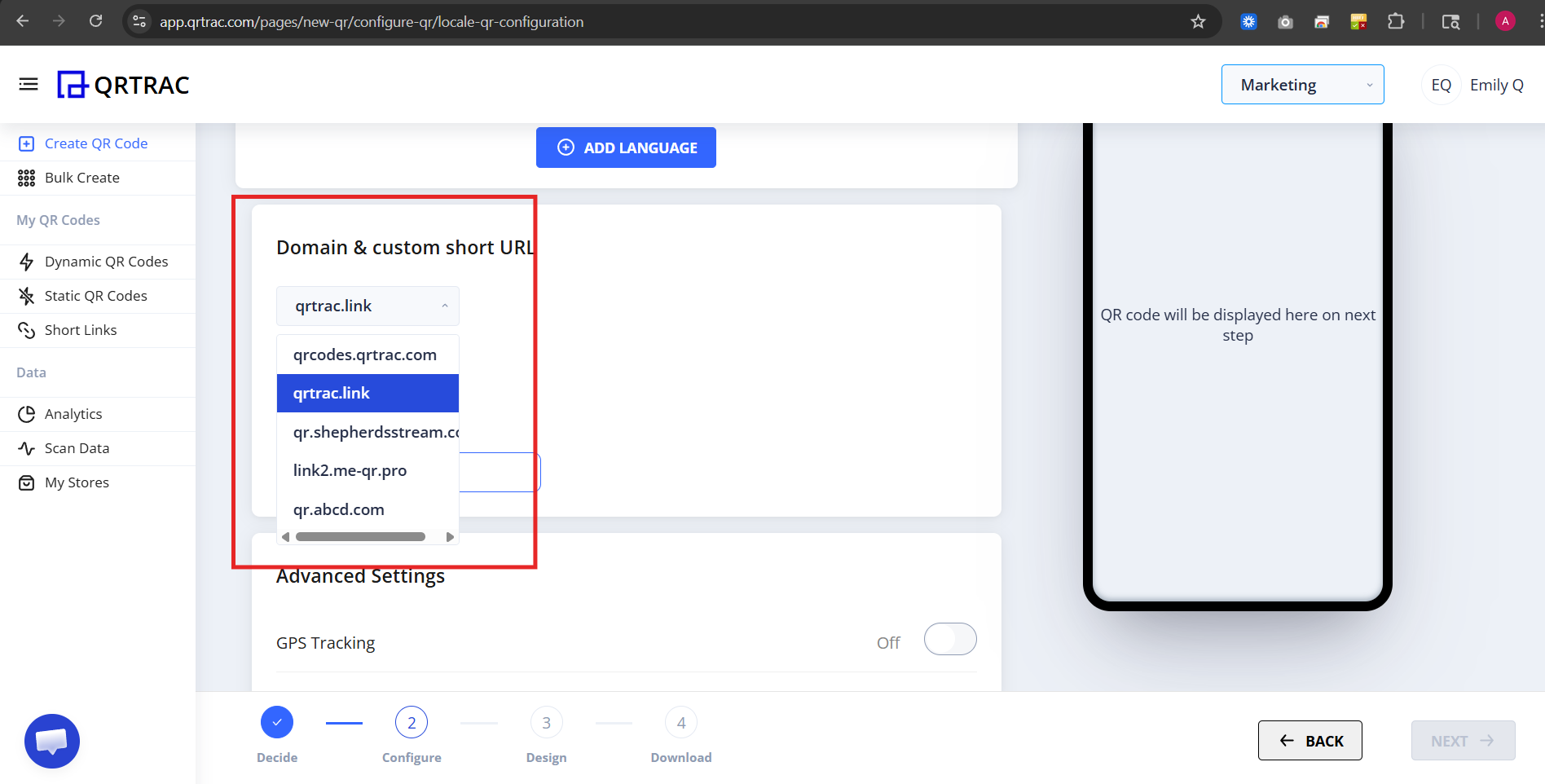 Domain and short URL configuration section