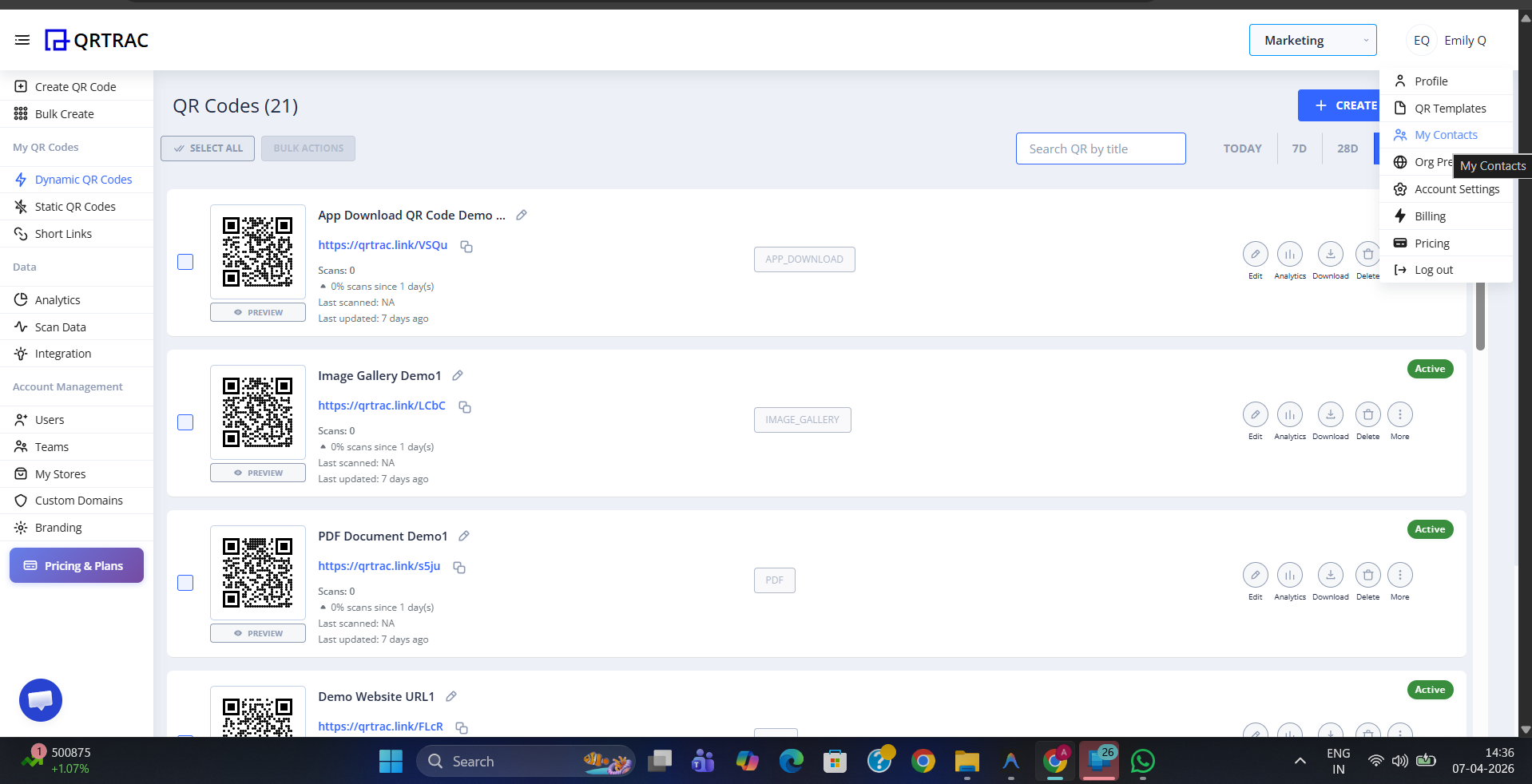 QRTRAC dashboard account dropdown with My Contacts highlighted