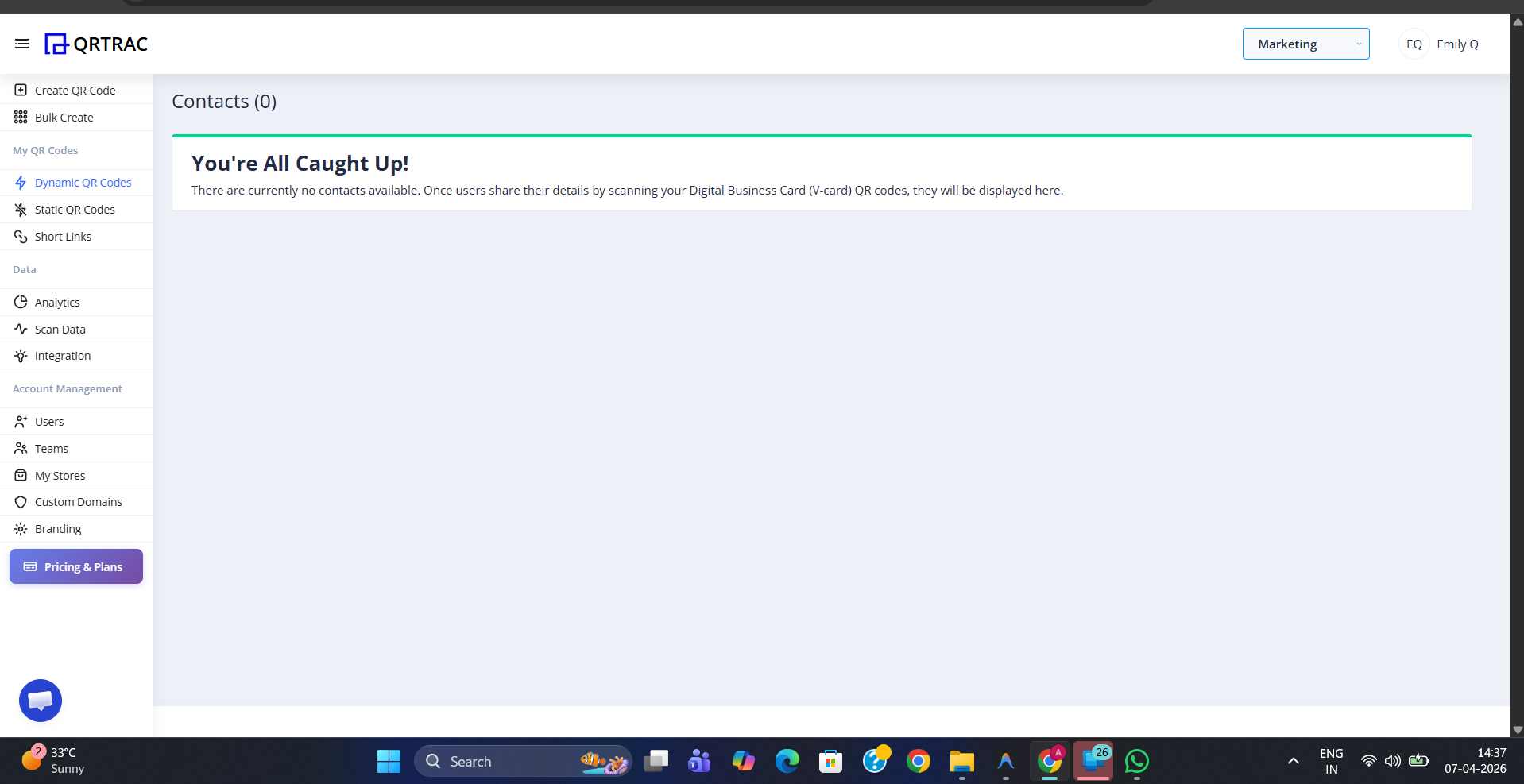 My Contacts page showing empty state with the message You're All Caught Up