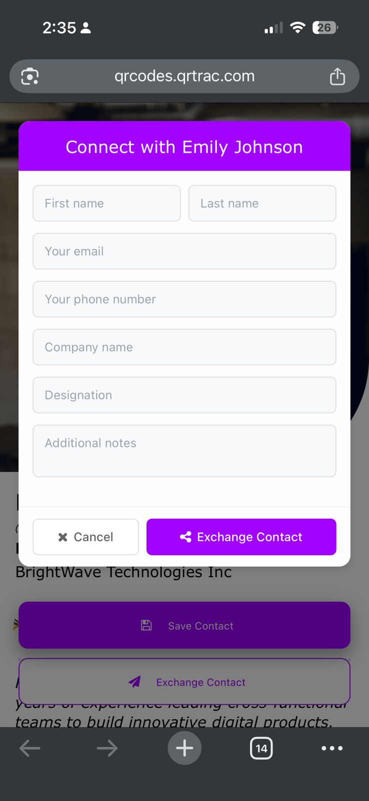 Exchange Contact form on mobile showing fields for name, email, phone, company, designation, and notes