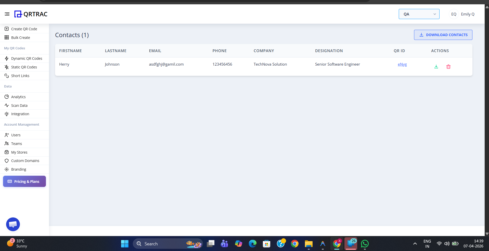 My Contacts page showing one received contact with name, email, phone, company, and designation columns