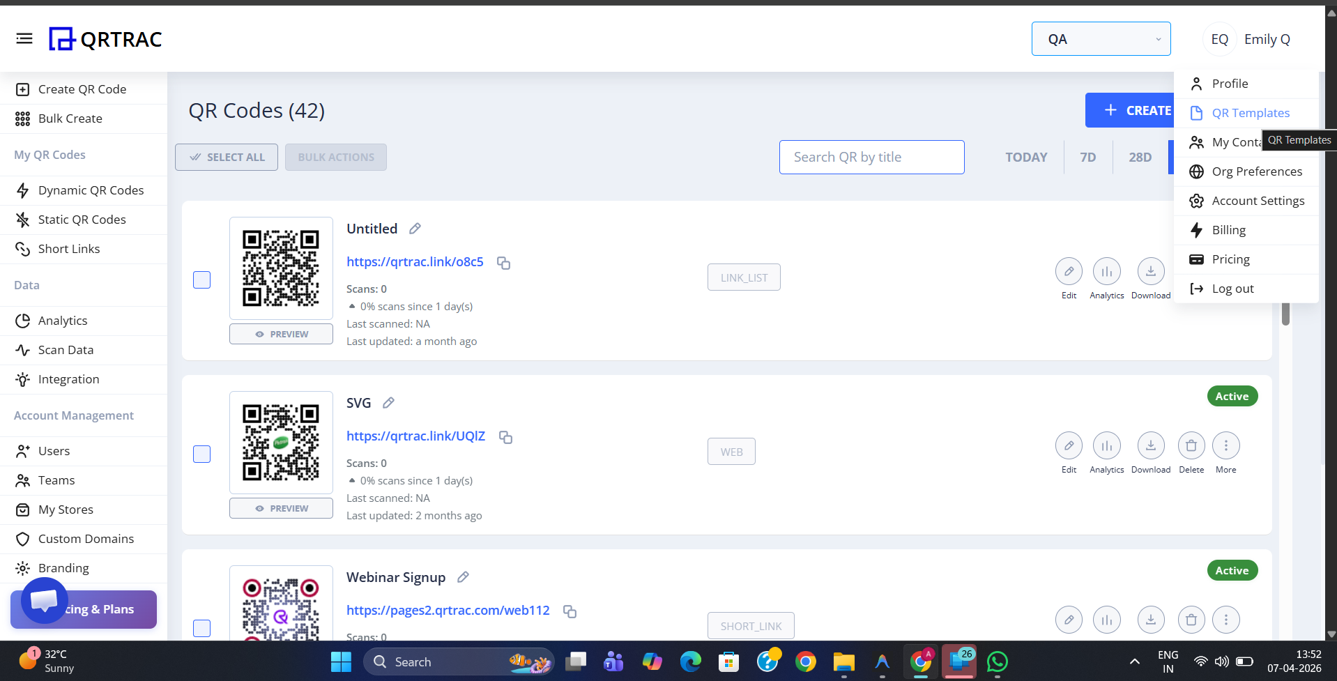 QRTRAC dashboard account dropdown with QR Templates highlighted