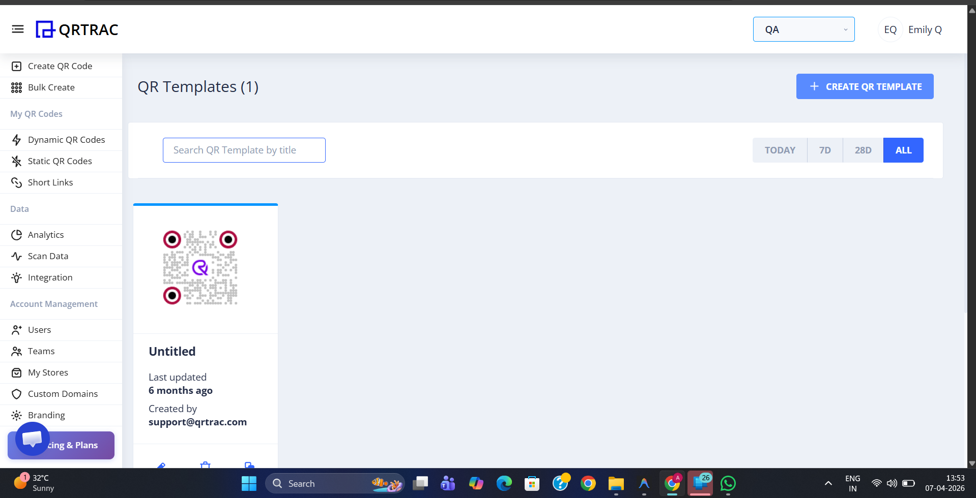 QR Templates page showing one existing template and the Create QR Template button