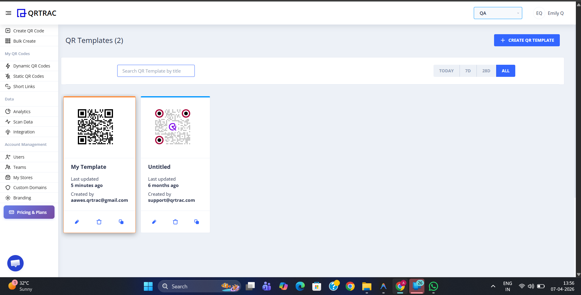QR Templates page showing two templates including the newly created My Template card