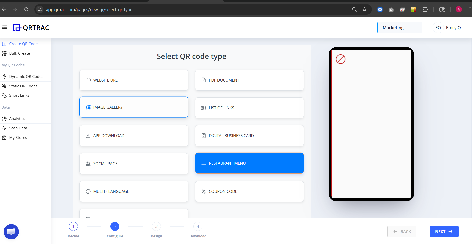 QR type selection with Restaurant Menu highlighted