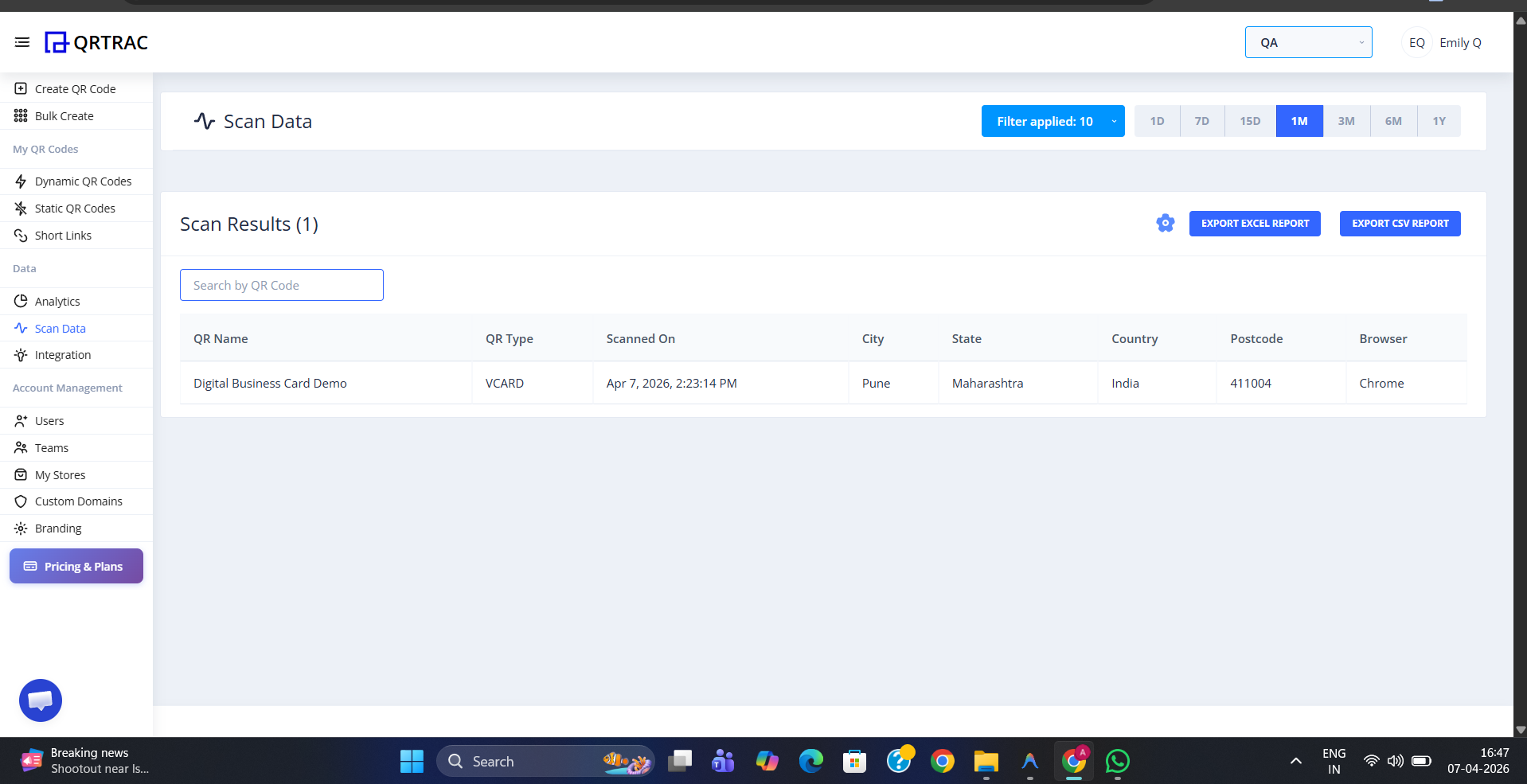 QRTRAC Scan Data page showing a table of scan results with QR Name, QR Type, Scanned On, City, State, Country, Postcode, and Browser columns, plus Export Data Report and Export CSV Report buttons