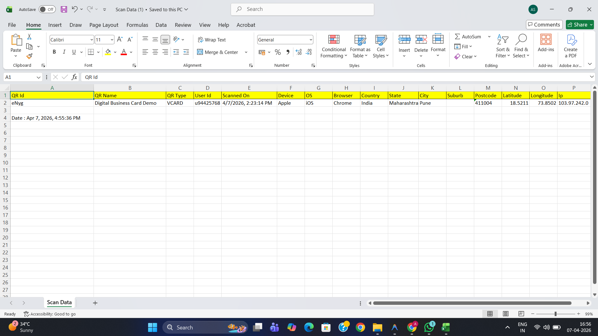Excel spreadsheet showing exported scan data with columns for QR Id, QR Name, QR Type, User Id, Scanned On, Device, OS, Browser, Country, State, City, Suburb, Postcode, Latitude, and Longitude