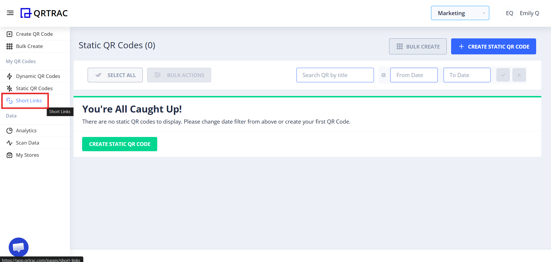 Short Links QR type selected in QRTRAC