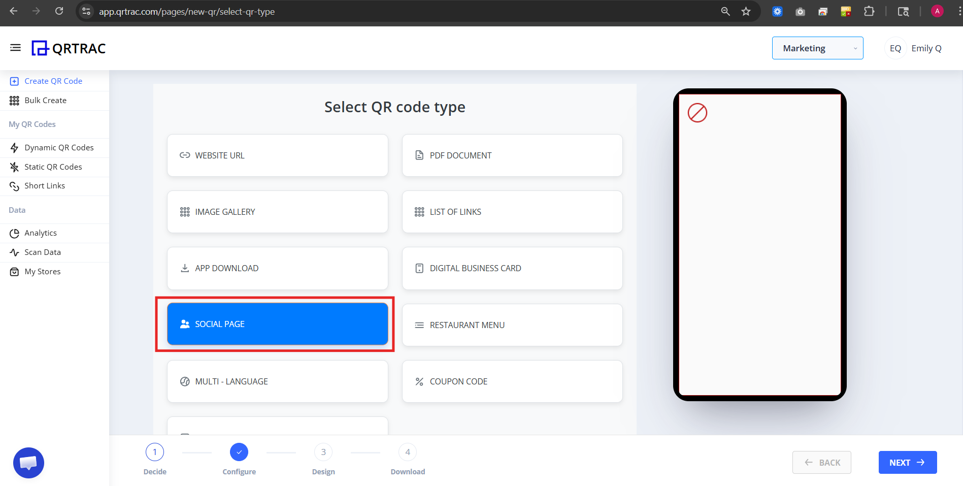 QR code type selection screen with Social Page highlighted