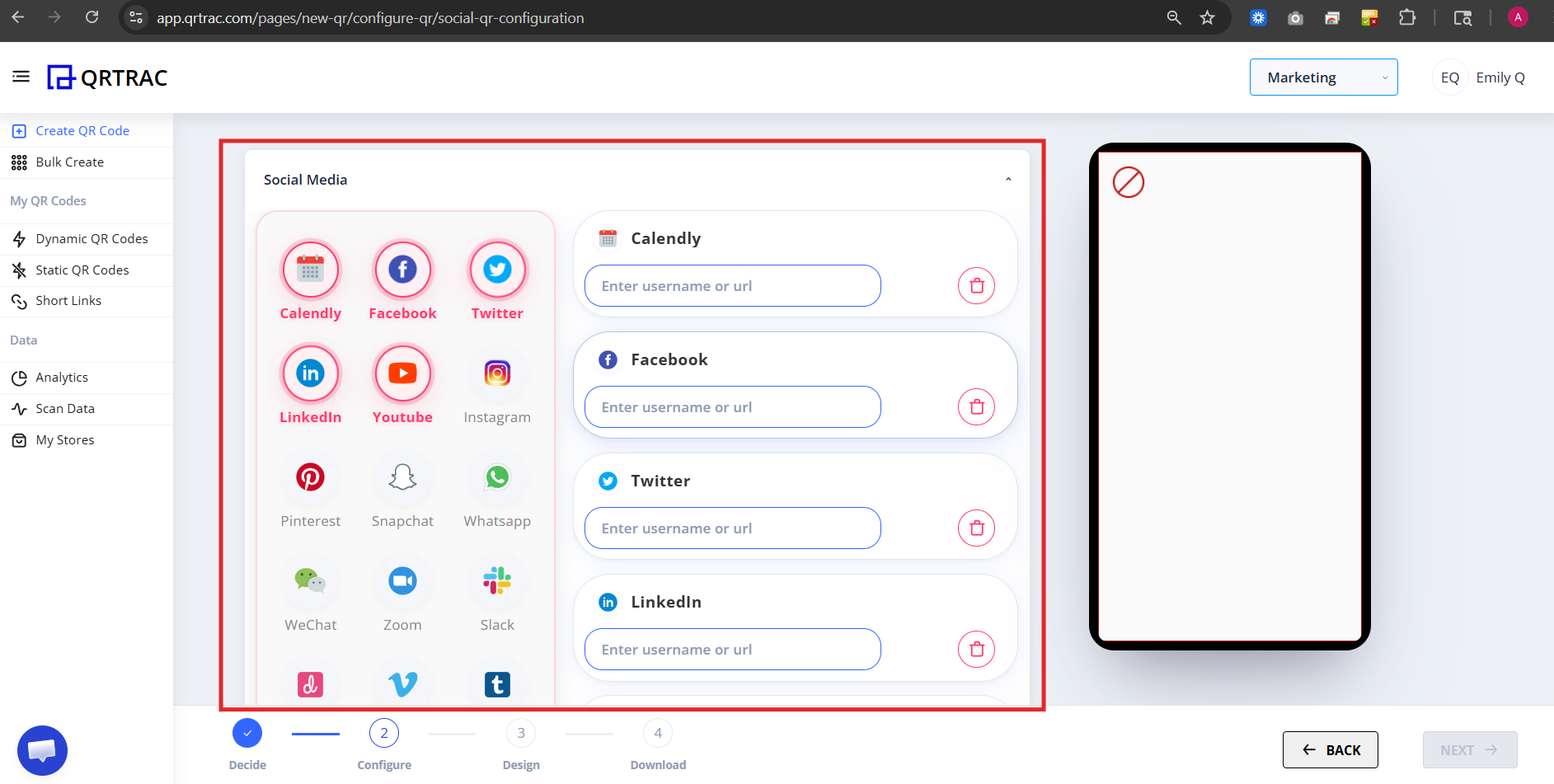 Social Media section showing platform icons for adding profiles
