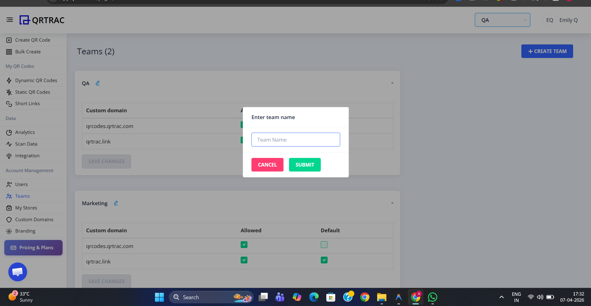 Create Team popup over the Teams page with a Team Name input field and Cancel and Submit buttons