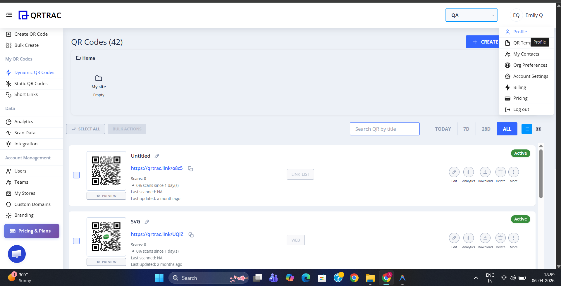 QRTRAC dashboard showing the user profile dropdown menu with Profile, My Contacts, Org Preferences, Account Settings, Billing, Pricing, and Log out options