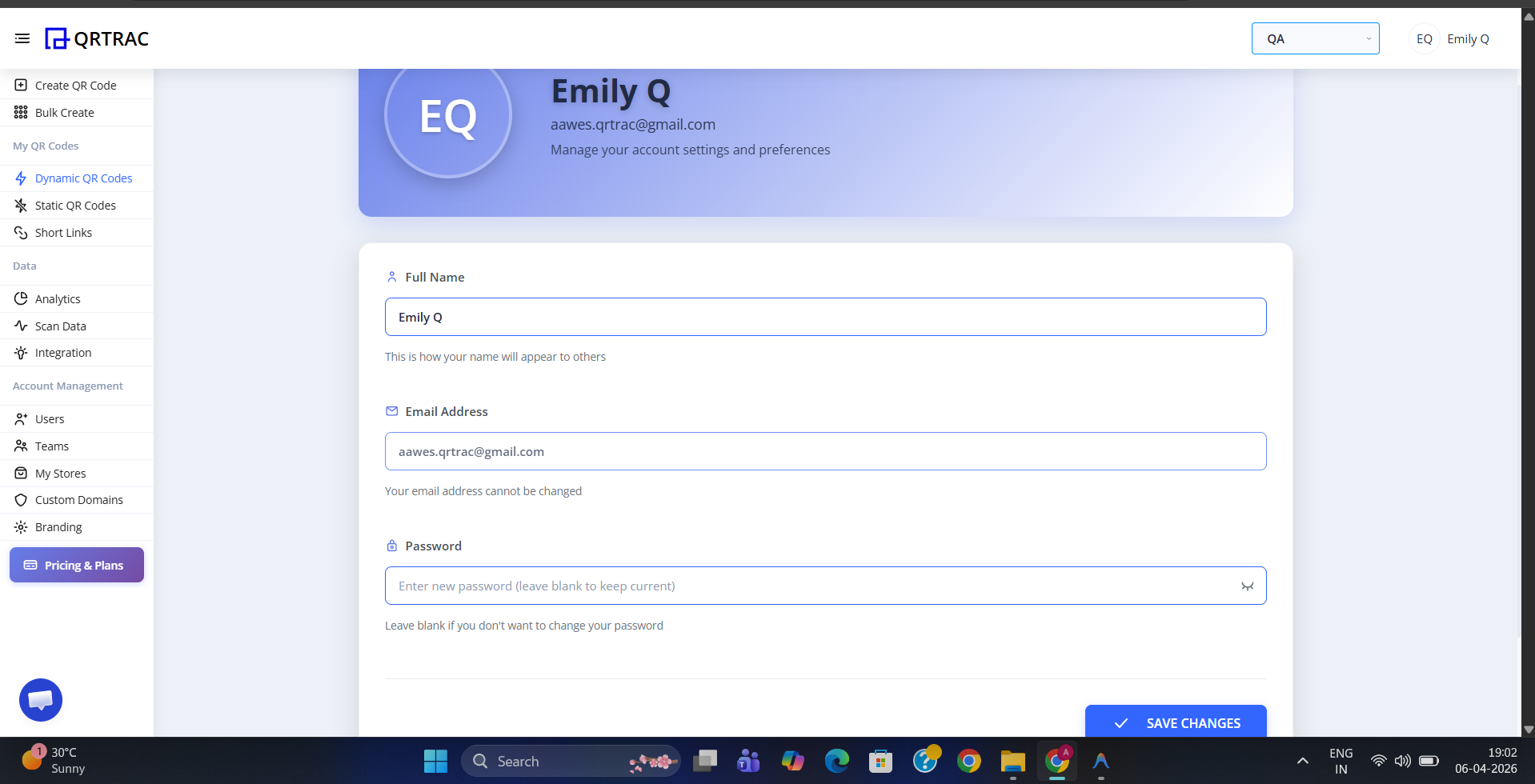 QRTRAC profile settings page showing Full Name, Email Address, and Password fields with a Save Changes button