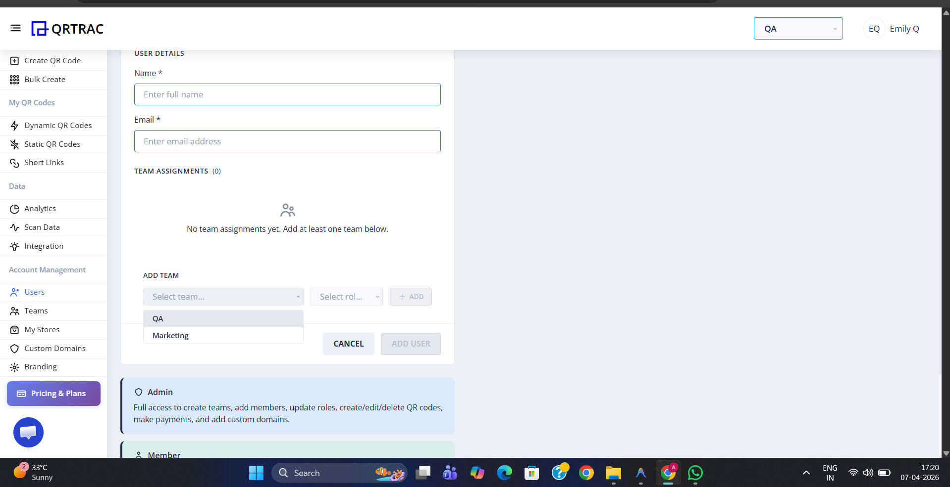 Add New User form with a team selected in the Add Team section showing the team name and a role dropdown