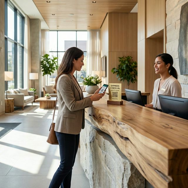 Guest scanning QR code at hotel reception for contactless check-in